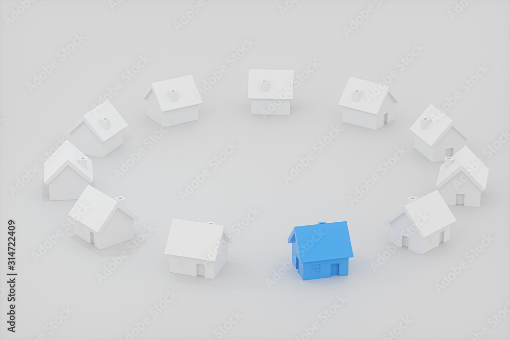 A small blue house model beside the white houses, 3d rendering.