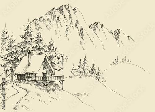 Winter alpine landscape and winter holiday cabin sketch. Hand drawing background for tourism