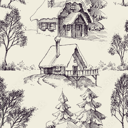 Wooden cabin in the forest graphic seamless pattern