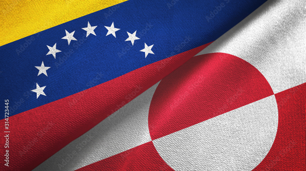 Venezuela and Greenland two flags textile cloth, fabric texture