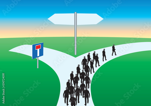 Concept de la voie sans issue montrant un chemin qui se sépare en deux directions et un groupe obligé de suivre un sens unique pour éviter de se retrouver dans une impasse.