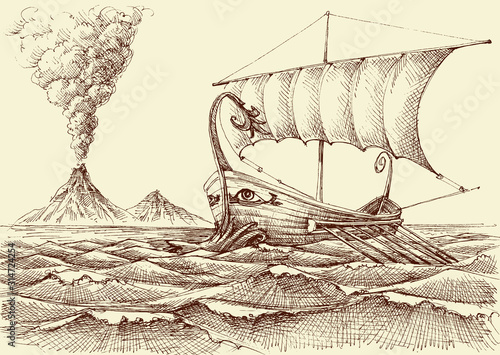 Galley ship on sea hand drawing, a volcano eruption in the background