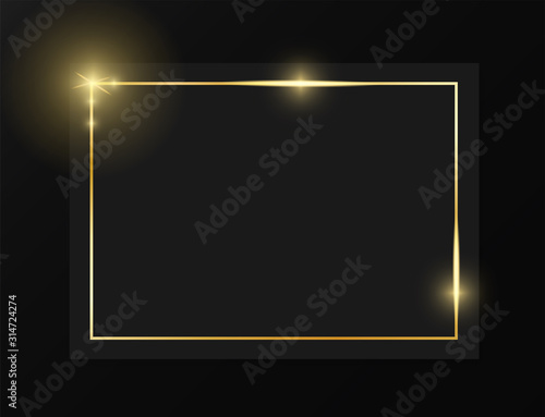 Gold shiny glowing vintage frame on grey plate isolated on black background. Golden luxury realistic border. Wedding, mothers or Valentines day concept. Xmas and New Year paper abstract. Vector