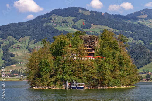 Burgruine Schwanau island in Lake Lauerz, Schwyz canton, Switzerland. photo