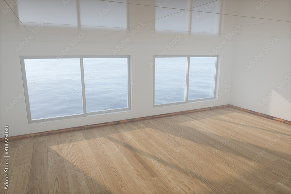 The empty room with wooden floor. Out of the window is the sea. 3d rendering. The empty room with wooden floor. Out of the window is the sea. 3d rendering.