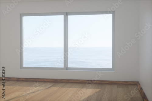 The empty room with wooden floor. Out of the window is the sea. 3d rendering.