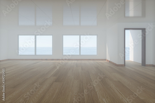The empty room with wooden floor. Out of the window is the sea. 3d rendering.