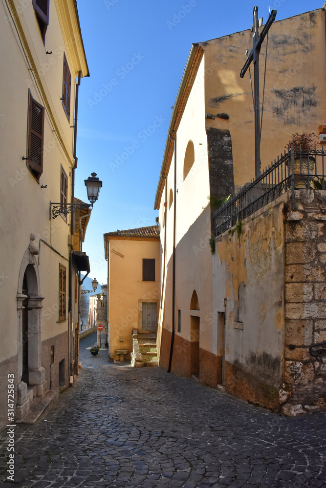 Alatri, Italy, 01/03/2020. A narrow street between the old houses of a medieval village
