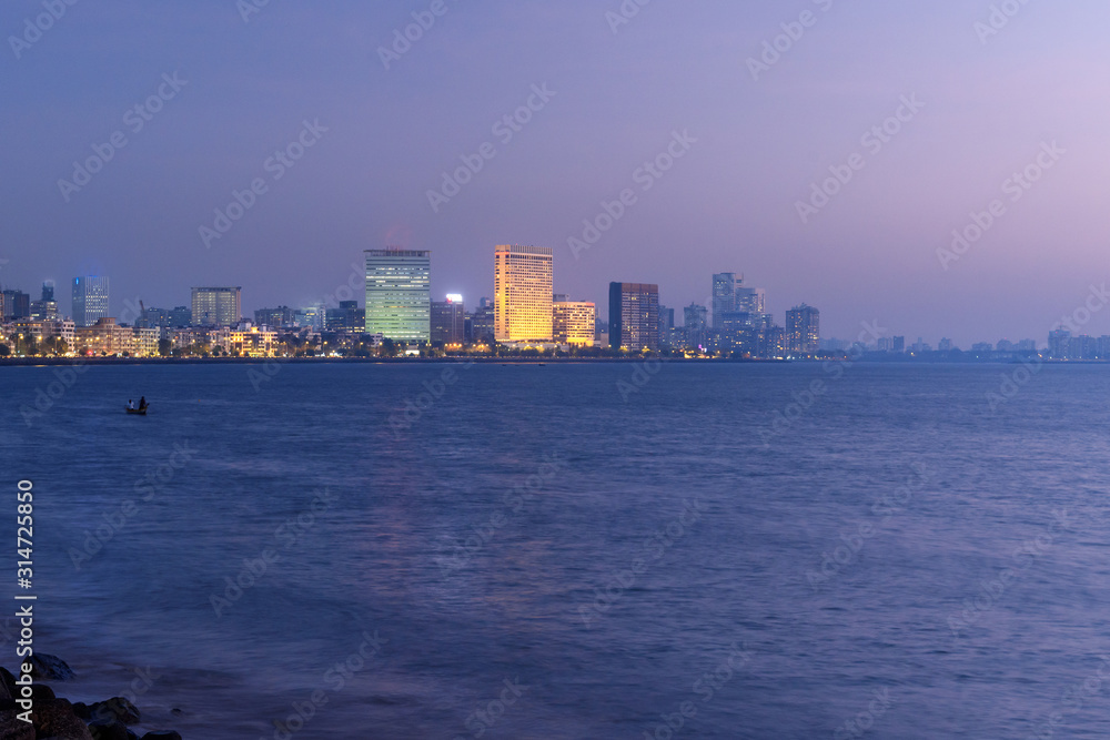 View of Waterfront from Chowpatty beach at night. Mumbai. India