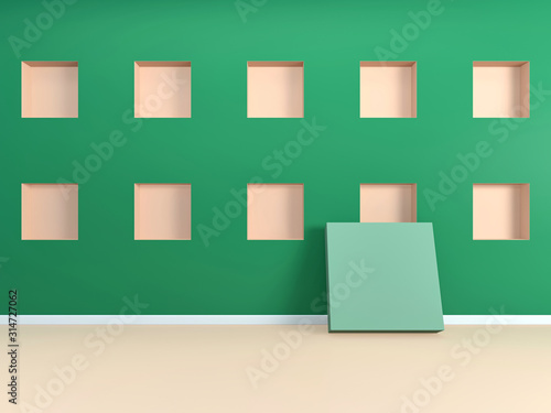 Abstract green and coral mockup background with square holes in wall  minimal geometric concept space  empty showcase  primitive shapes  niche 3d rendering, 3d illustration © Dragan