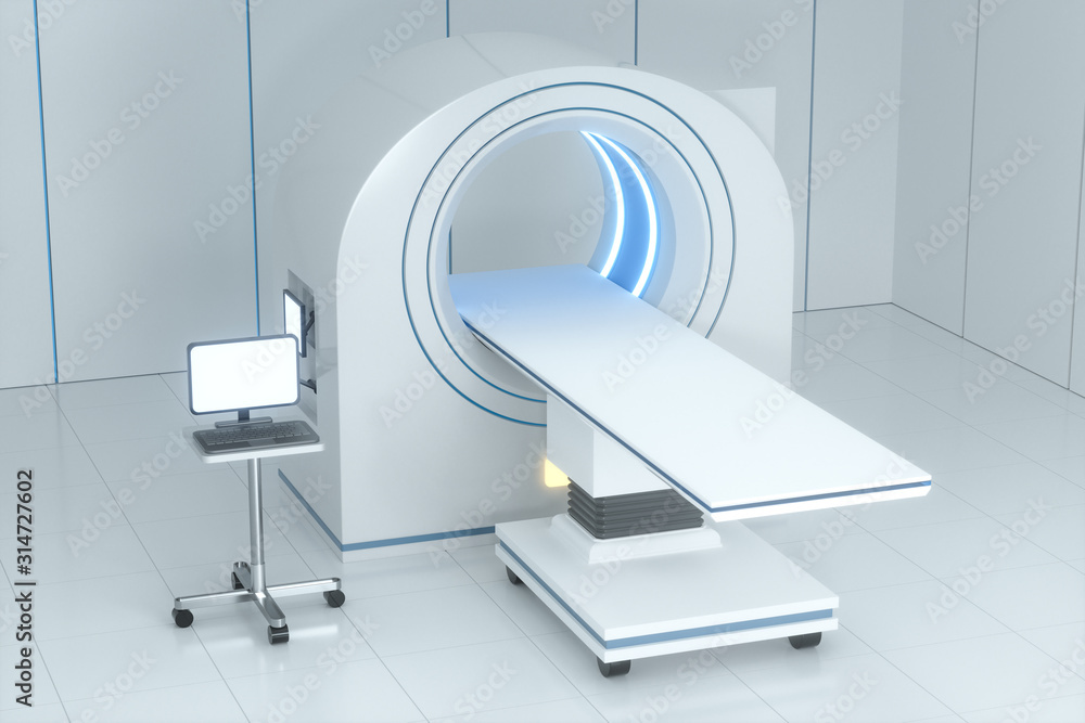 The medical equipment CT machine in the white empty room, 3d rendering. The medical equipment CT machine in the white empty room, 3d rendering.