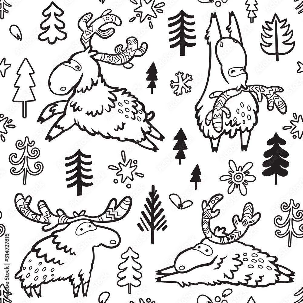 Seamless childish pattern with cute deers, moose, elk in contour Seamless childish pattern with cute deers, moose, elk in contour
