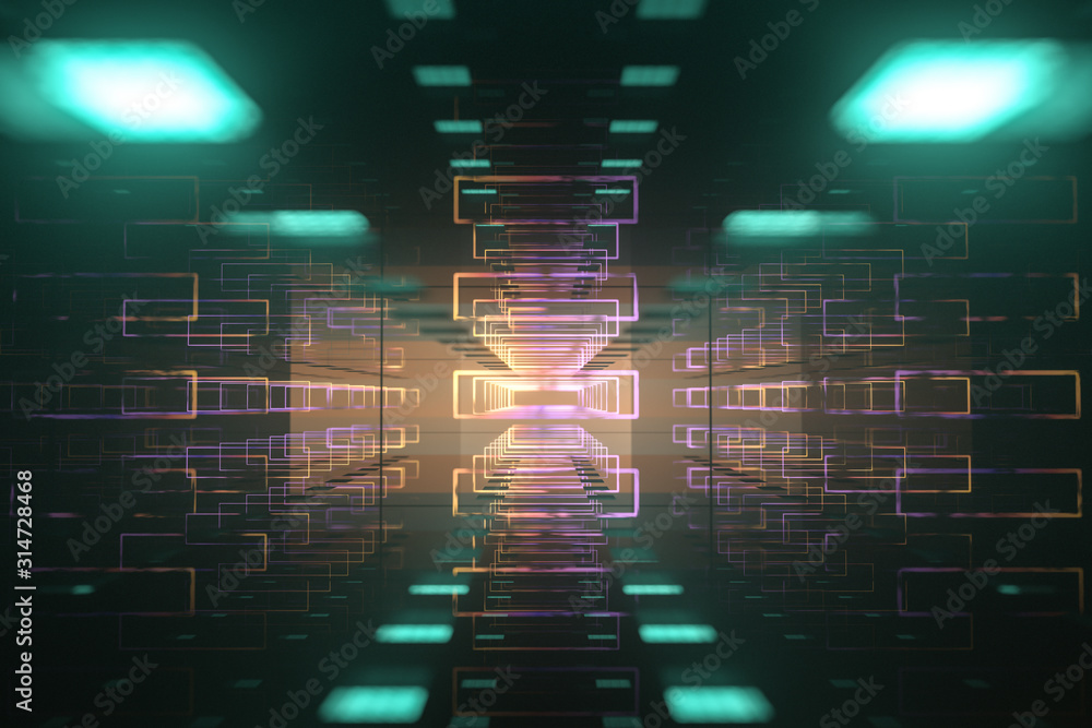 Obraz premium The dark glossy tunnel with glowing top light, fantasy scene, 3d rendering.