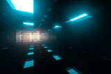 The dark glossy tunnel with glowing top light, fantasy scene, 3d rendering.