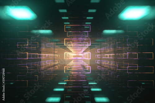 Fototapeta Naklejka Na Ścianę i Meble -  The dark glossy tunnel with glowing top light, fantasy scene, 3d rendering.