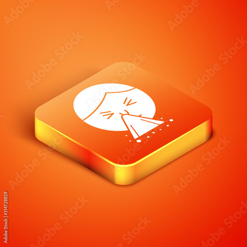 Isometric Man holding handkerchief or napkin to his runny nose icon isolated on orange background. Coryza desease symptoms.  Vector Illustration