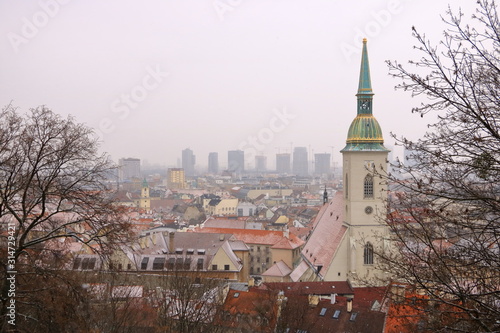 View of Bratislava and the Cathedral of St. Martin from Bratislava Castle, Slovakia in winter