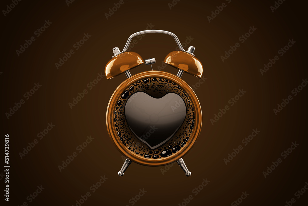Brown alarm clock close-up isolated on dark background with brown gradient. Coffee in the form of a heart instead of a clock face. Brown alarm clock close-up isolated on dark background with brown gradient. Coffee in the form of a heart instead of a clock face.