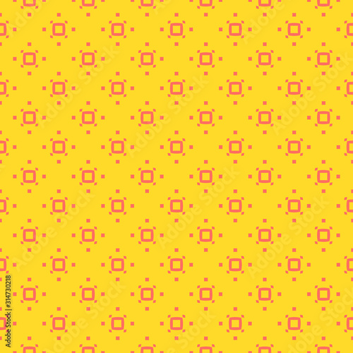 Simple minimalist geometric seamless pattern with small squares, dots, ring, pixels. Vector abstract background in bright yellow and coral color. Subtle minimal texture. Funky colorful repeat design