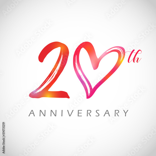 20 years old logotype. 20 th anniversary numbers. Decorative symbol. Congrats in brushing style. Isolated abstract graphic design template. Red digits, up to 20%, -20% percent off discount concept.