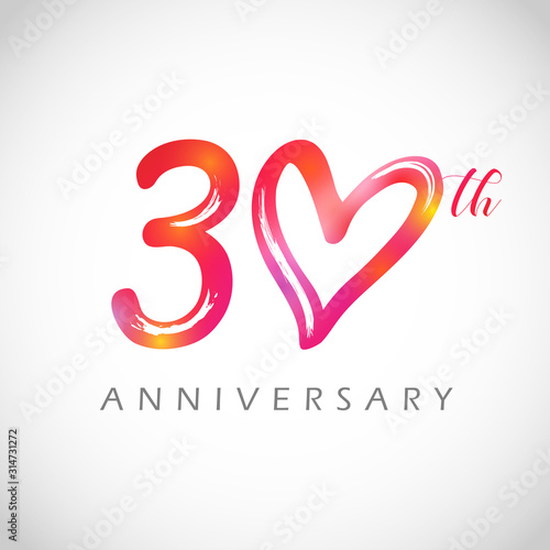30 years old logotype. 30 th anniversary numbers. Decorative symbol. Congrats in brushing style. Isolated abstract graphic design template. Red digits, up to 30%, -30% percent off discount concept.