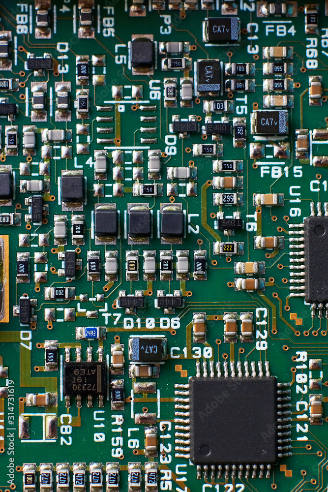 printed circuit Board with chips and radio components electronics printed circuit Board with chips and radio components electronics