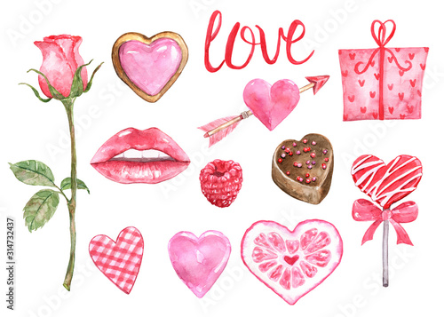 Valentine s day symbols set. Watercolor hand painted elements  isolated on white background. Pink hearts  sweets  sugar cookie  lips  rose  gift box  heart shaped lollipop  candy