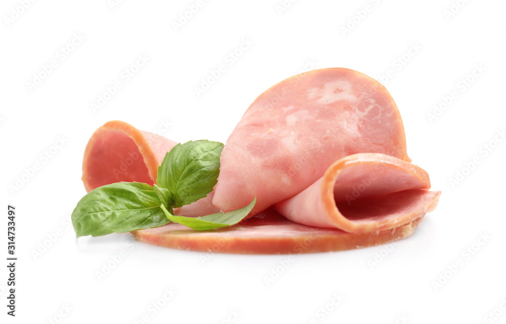 Tasty ham with basil isolated on white Tasty ham with basil isolated on white