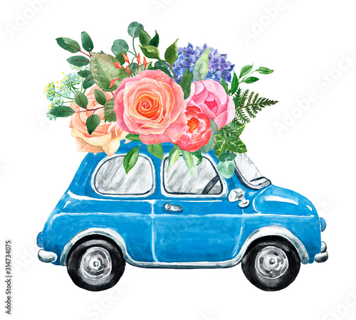 Watercolor blue abstract vintage car in cartoon style with floral bouquet. Ha...