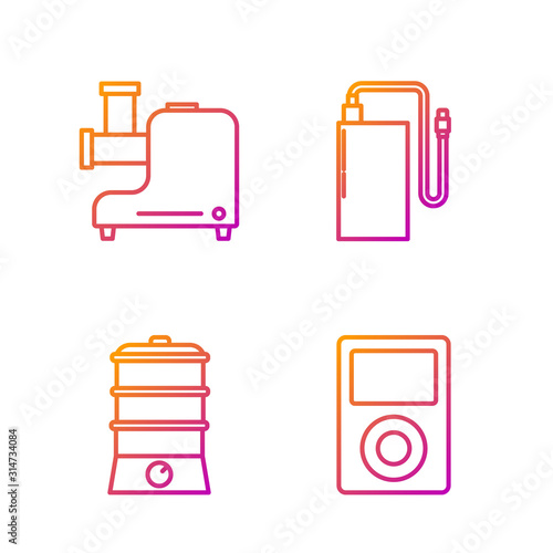 Set line Music player , Double boiler , Kitchen meat grinder and Power bank with different charge cable . Gradient color icons. Vector