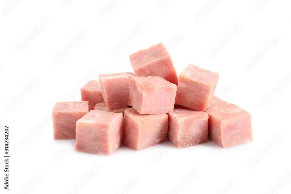 Cubes of tasty fresh ham isolated on white Cubes of tasty fresh ham isolated on white