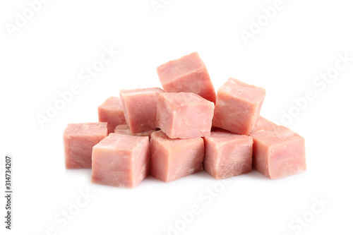 Cubes of tasty fresh ham isolated on white