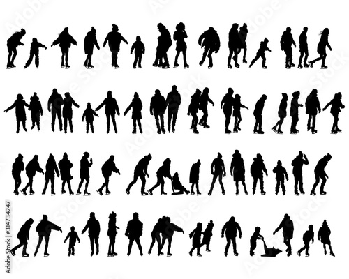 Children and adults ice skate. Isolated silhouettes of people on a white background