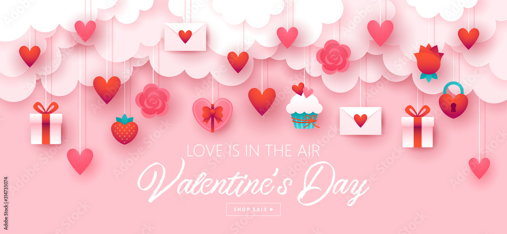 Fototapeta Valentines day holiday banner design with paper cut elements background.