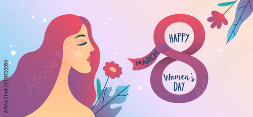 Women's day banner design with young woman and flowers. March 8 flyer template.