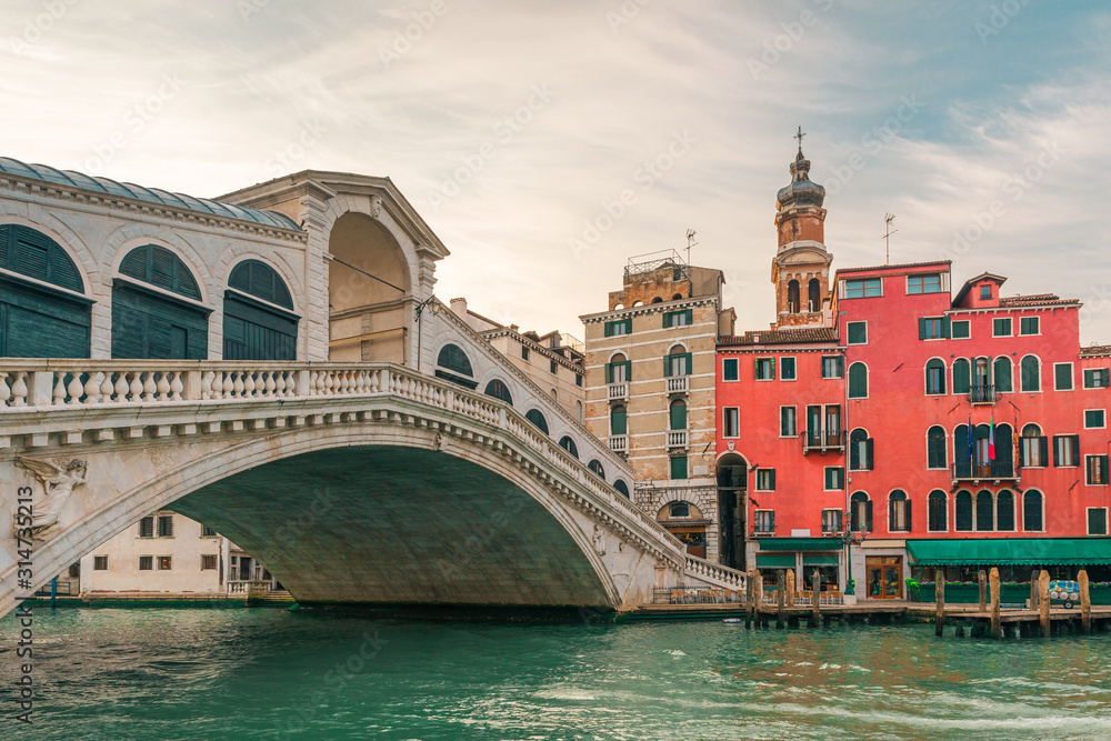 Rialto bridge on the Grand canal of Venice city with colorful architecture with nobody, Veneto, Italy