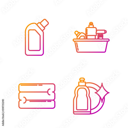 Set line Plastic bottles for liquid dishwashing liquid, Towel stack , Plastic bottles for liquid dishwashing liquid. Gradient color icons. Vector