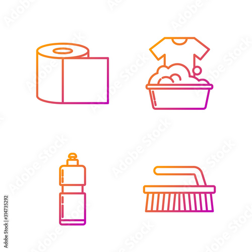 Set line Brush for cleaning , Plastic bottles for liquid dishwashing liquid, Toilet paper roll and Plastic basin with soap suds . Gradient color icons. Vector