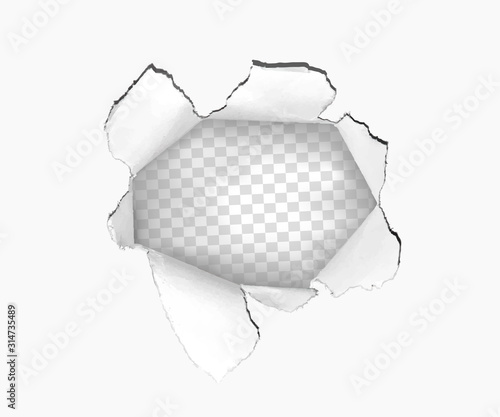 Hole torn in ripped paper on white background