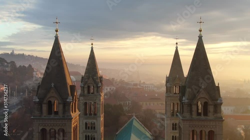 Aerial video of Cathedral of Pecs, Hungary