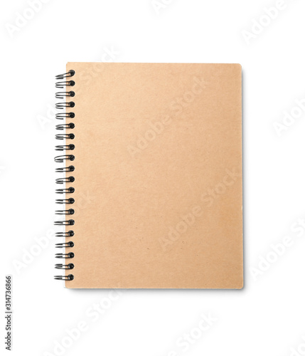 Stylish kraft notebook isolated on white, top view