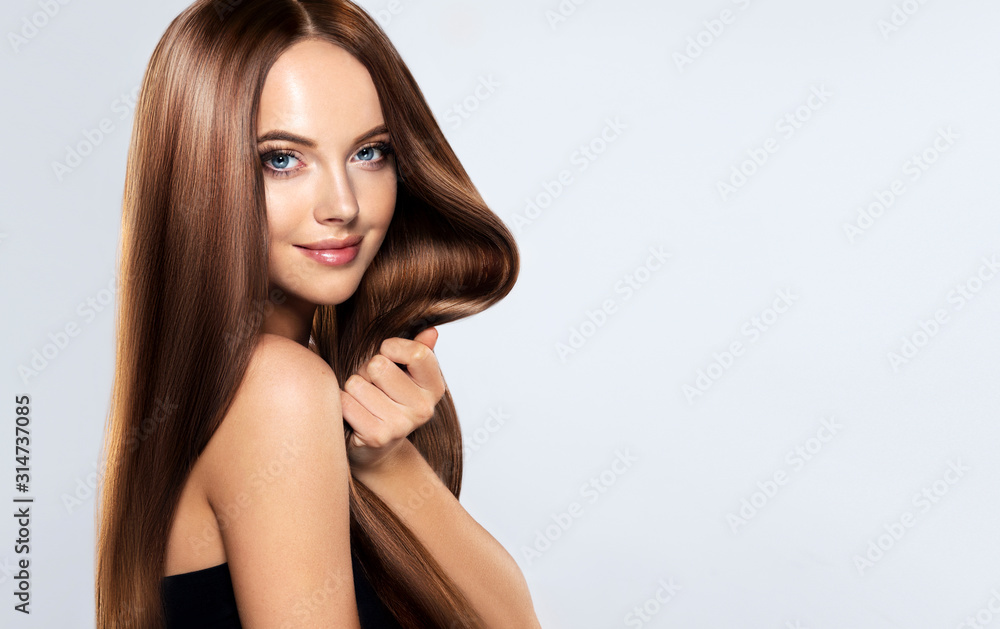 Beautiful brunette girl with long straight smooth hair . A woman with  healthy straight hairstyle Stock Photo | Adobe Stock