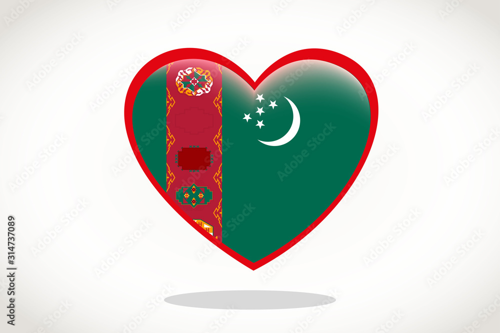Turkmenistan Flag in Heart Shape. Heart 3d Flag of Turkmenistan, Turkmenistan flag template design. Turkmenistan Flag in Heart Shape. Heart 3d Flag of Turkmenistan, Turkmenistan flag template design.