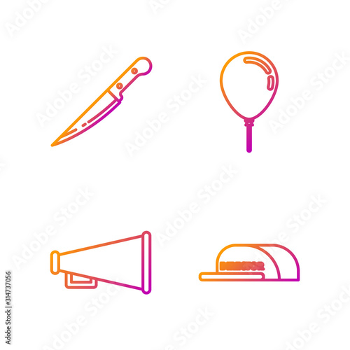 Set line Cap with inscription director , Megaphone , Knife and Balloon with ribbon . Gradient color icons. Vector
