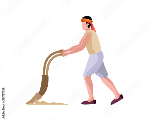 indian farmer ploughing isolated vector