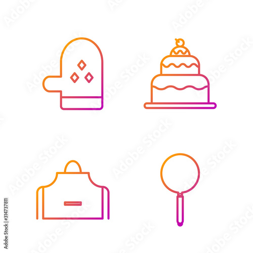 Set line Frying pan , Kitchen apron , Oven glove and Cake . Gradient color icons. Vector