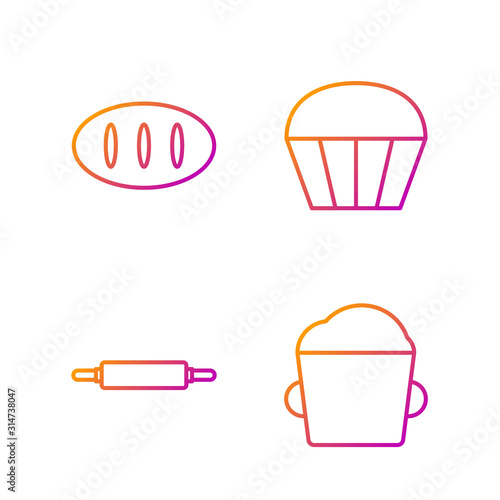 Set line Bakery bowl dough , Rolling pin , Bread loaf and Muffin . Gradient color icons. Vector