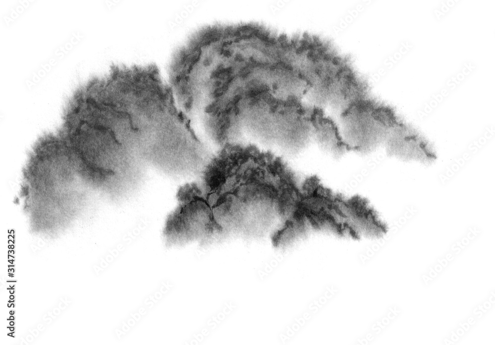 Mountain peaks in the fog. Landscape of a mountain of water by ink. Chinese ink painting. Brush painting. Mountain peaks in the fog. Landscape of a mountain of water by ink. Chinese ink painting. Brush painting.