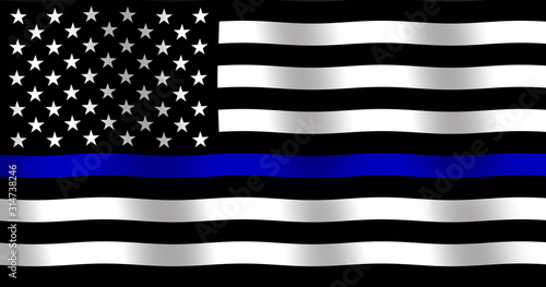  Waving flag of United States of America with police support symbol, Thin blue line. 
