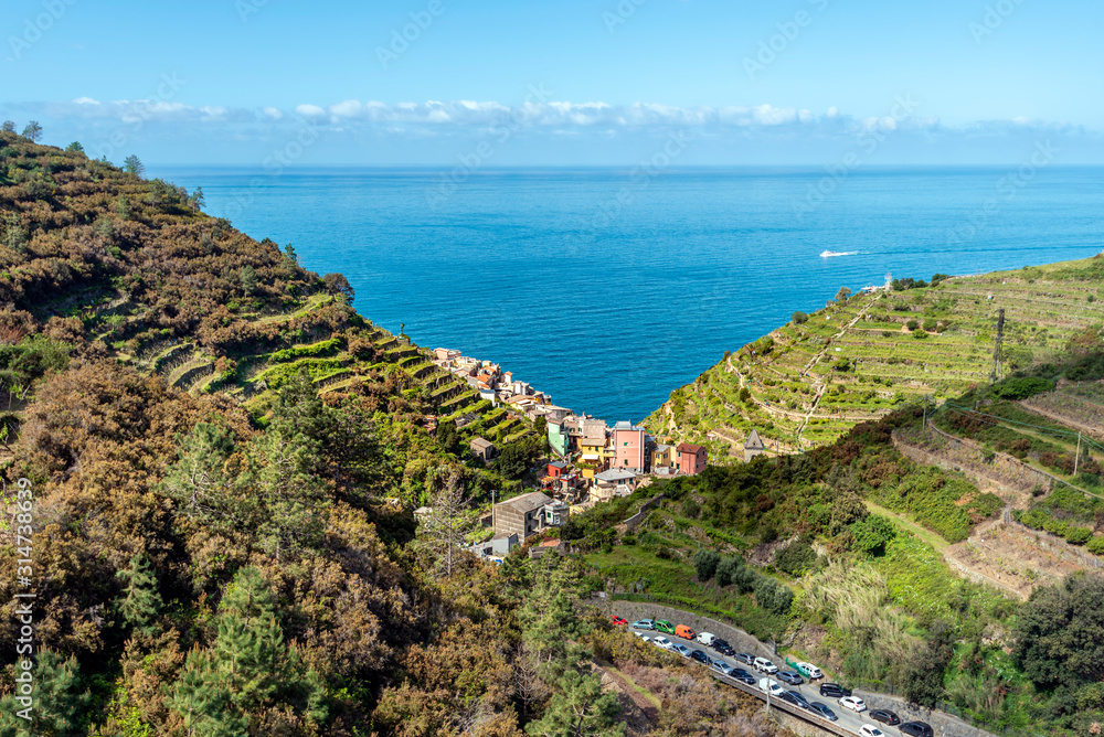 Manarola village viewed from hills in the direction iof Mediteranean Sea. Cinque Terre National parc  in the Northwest of Italy.
